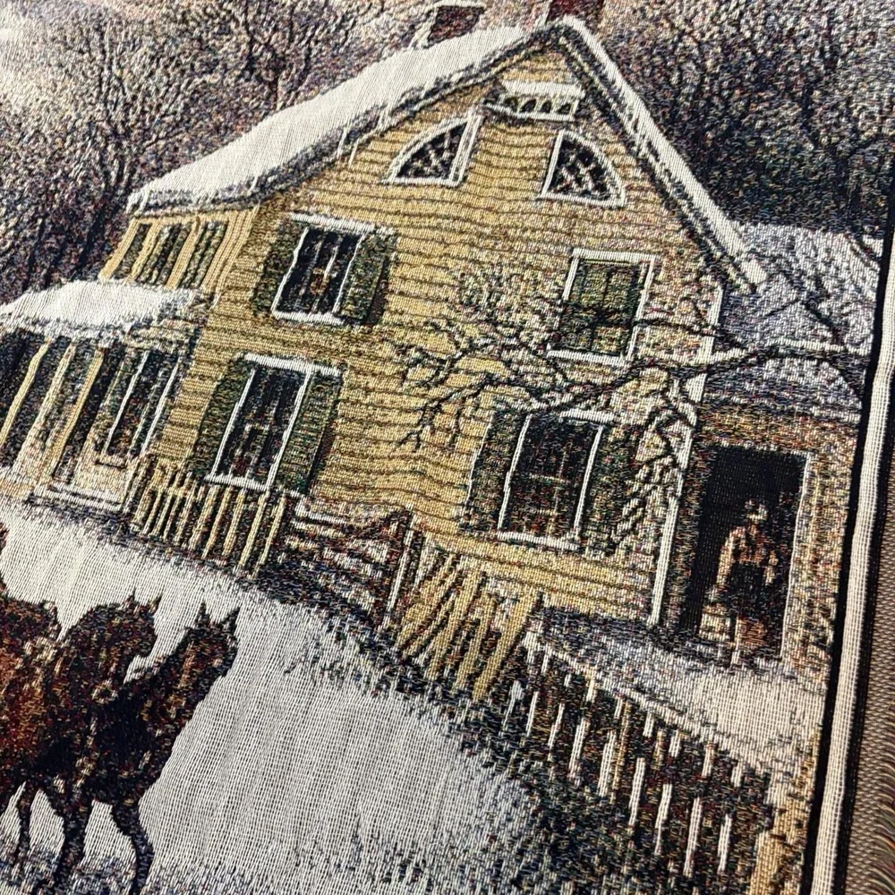 VTG Crown Crafts Horse Carriage Cottage Home Tapestry Woven Throw Blanket 46x54